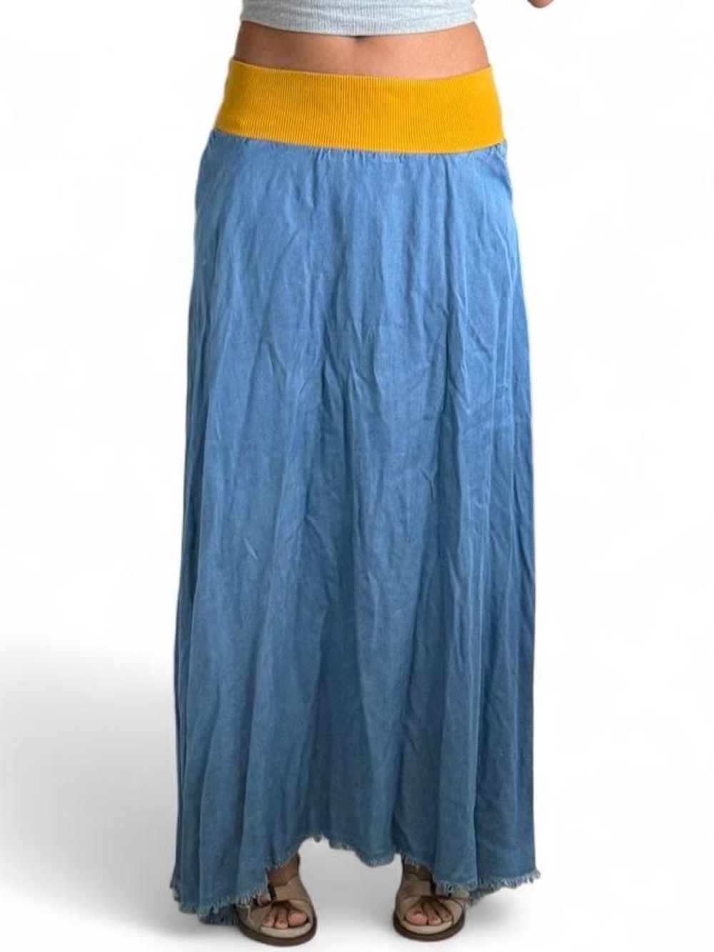 Blue denim Maxi Skirt with Yellow Waistband